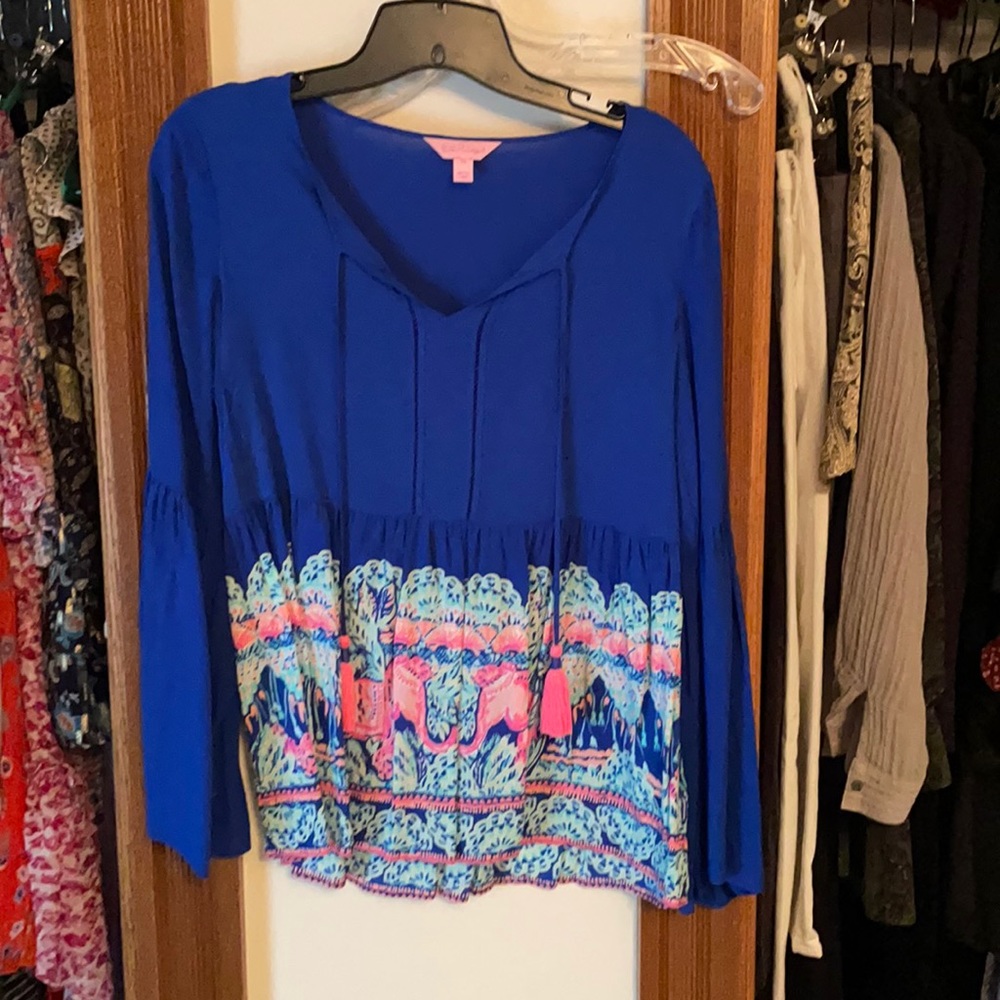 Lilly Pulitzer top with tassels slight bell sleeve, xs